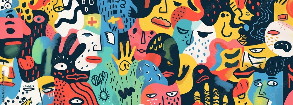 Fototapeta premium Abstract Crowd of Diverse Faces: A vibrant and imaginative artwork showcases a multitude of faces, each unique in expression and color, forming a dense, energetic crowd, representing a community.