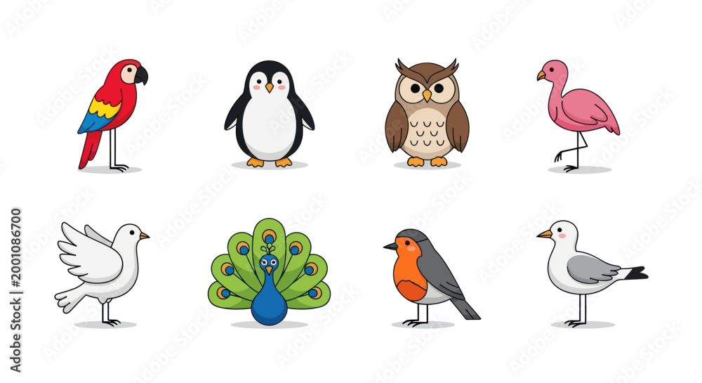 Obraz premium Cartoon birds collection on white background