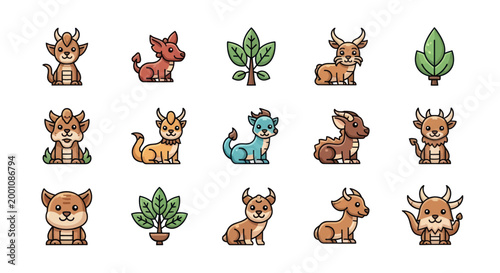 Cartoon creatures and leafy elements collection