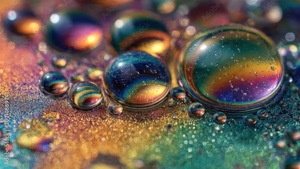 Fototapeta premium Rainbow Oil Drops on Colorful Surface