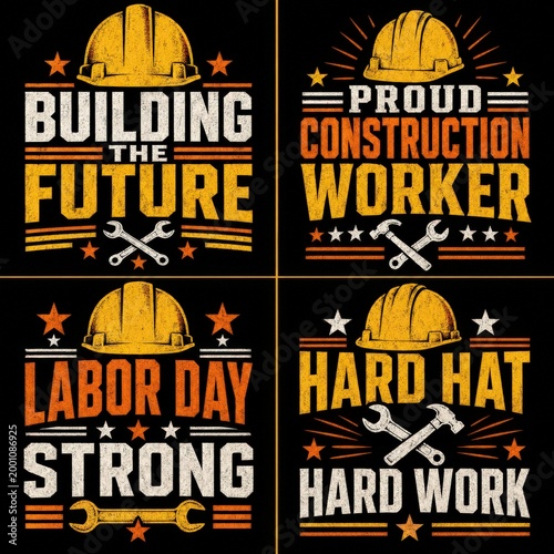 Set of construction worker tshirt designs with hard hat, tools, and typography building the future, proud construction worker, labor day strong, hard hat hard work slogans