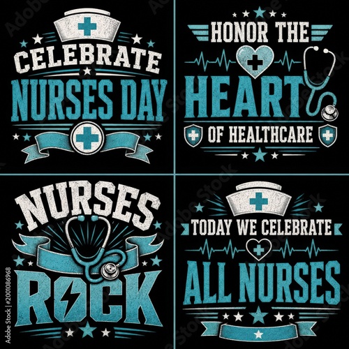 Set of four nursing themed tshirt designs with typography, stethoscope, nurse cap and heart icons, vector illustration on black background