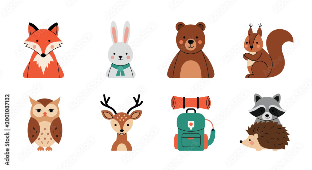Fototapeta premium Cartoon forest animals and backpack