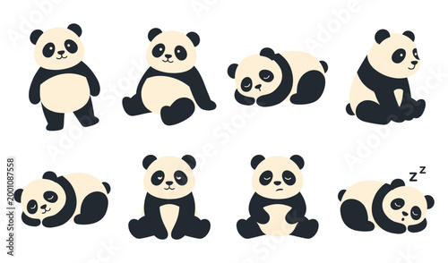 Cute cartoon panda bear characters collection set performing various sleeping poses