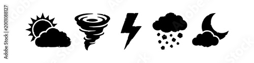Set of Hand Drawn Weather Icons Featuring Sun Tornado Lightning Bolt Hail and Moon with Clouds for Meteorology Forecast