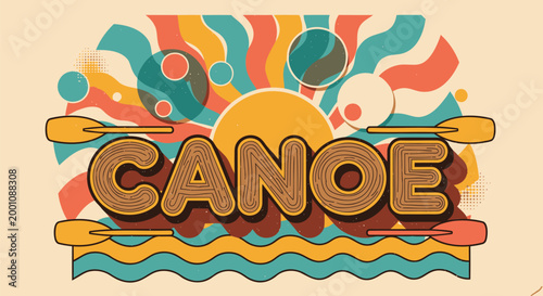 Vibrant canoe logo, colorful abstract background, summer recreational design, outdoor adventure emblem
