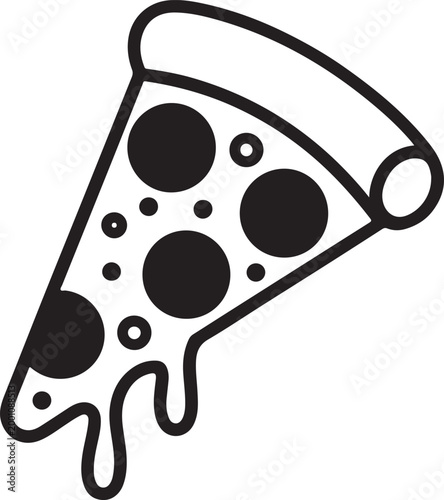 Black and white slice of pepperoni pizza icon with melted cheese