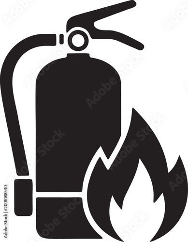 Black fire extinguisher icon with flame symbol for safety and emergency protection design