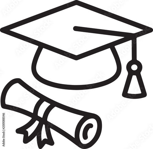 Black line icon of a graduation cap and a rolled diploma scroll for education and academic success