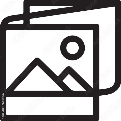 Simple line art icon of two overlapping photo frames with a mountain and sun landscape symbol