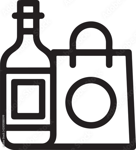 Wine bottle and paper shopping bag icon for liquor store or beverage delivery service