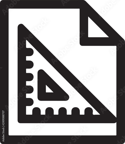 Black outline icon of a triangle ruler on a document paper sheet