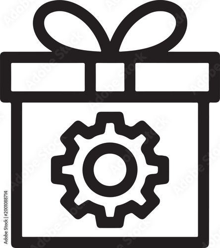 Gift box icon with a gear symbol representing custom presents and technical service