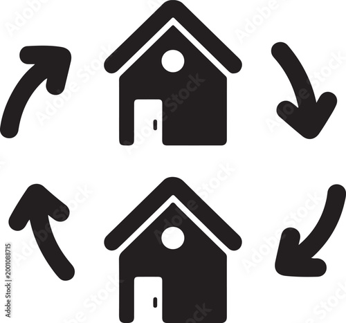 Black house icons with circular arrows representing real estate property exchange and rotation