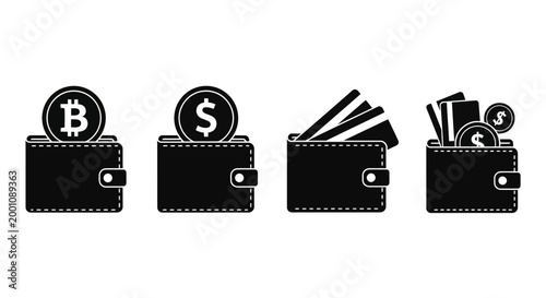 Modern wallet icons set showing diverse financial assets like digital currency, cash, and payment cards, representing money management and secure transactions for commerce