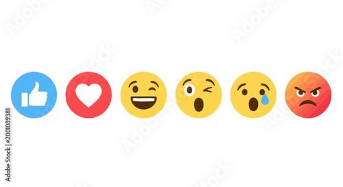 A diverse array of social media reaction icons, digitally rendered to express human emotions like joy, surprise, sadness, and anger, fostering interactive online communication