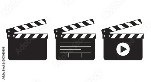 Set of three black clapperboards on a white background, symbolizing film production, cinema, and video creation