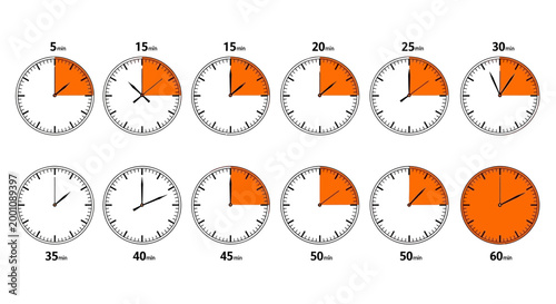 Graphic array of clock faces depicting elapsed time in five-minute steps, suitable for visualizing progress, countdowns, and managing schedules effectively