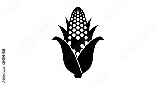 Minimal black silhouette icon, simple flat vector, bold black shape, no, no shading stylized corn cob icon with honeycomb pattern on a, flat icon style