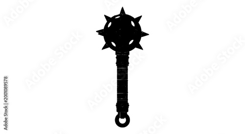 Minimal black silhouette icon, simple flat vector, bold black shape, no, no shading silhouette of a medieval spiked mace weapon on a, flat icon style