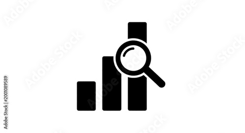 Minimal black silhouette icon, simple flat vector, bold black shape, no, no shading bar chart icon with a magnifying glass on a, flat icon style