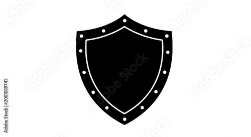 Minimal black silhouette icon, simple flat vector, bold black shape, no, no shading black shield icon with euro currency symbol on a, flat icon style