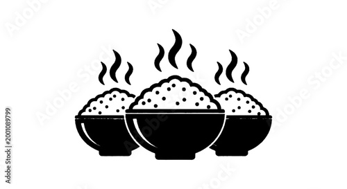 Minimal black silhouette icon, simple flat vector, bold black shape, no, no shading three bowls of steaming hot rice on a, flat icon style