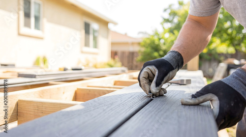 Worker installing composite decking with hidden fasteners