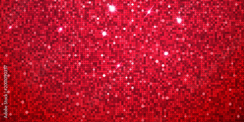 Vibrant red background of small circular sequins in varying shades. Bright white star glints and soft bokeh dots create a sparkling, festive glitter effect.