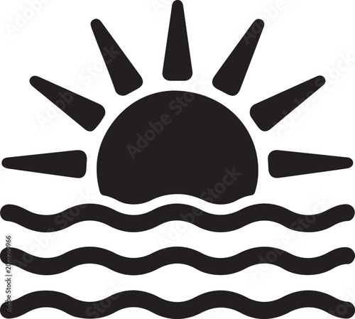 Black sun icon showing a sunrise or sunset over ocean waves