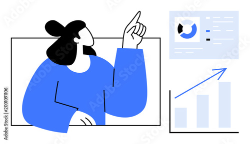 Business analytics concept. Businesswoman analyzing data charts and graphs for decision-making. Business analytics focused on data trends, metrics, and performance improvement. Ideal for strategy