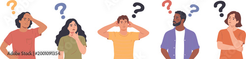 Five people with question marks above their heads group