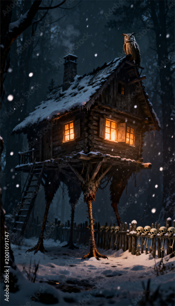 Naklejka premium Baba Yaga witch hut on chicken leg standing in snowy dark winter forest at night. Mystical log cabin with owl on roof and skull fence. Folklore, fantasy and scary fairy tale concept.