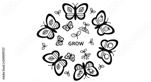 Butterfly icons, black and white illustration, grow concept, insect symbols