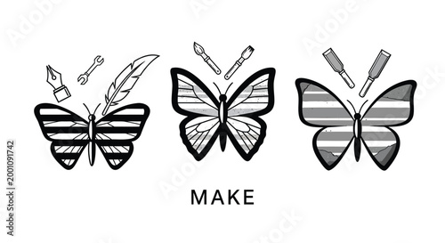 Butterfly icons, striped patterns, black and white illustrations, graphic elements