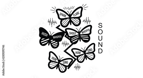 Sound wave butterflies, black and white vector icons, audio waveform insects, music symbol butterflies