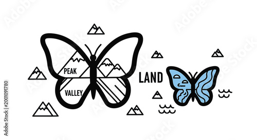 Butterfly, mountain, landscape icons, peak valley, land illustration, blue butterfly, black outline