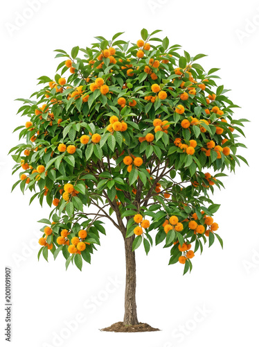 A vibrant tree with lush green leaves and bright orange spherical fruits, captured in a clear, fullbody shot isolated on transparent background