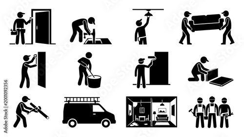 Home Improvement Service Icons – Handyman, Renovation and Repair Scene Silhouettes