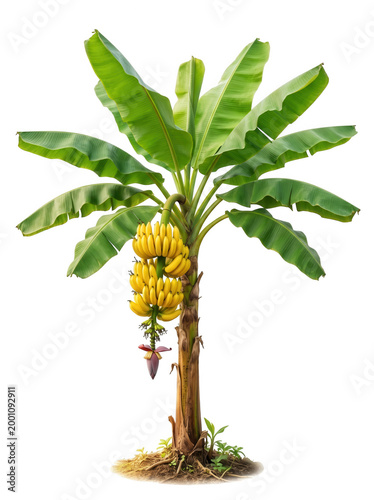 Banana tree with a bunch of yellow bananas and a banana blossom isolated on transparent background