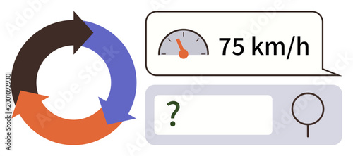 Data analysis, automation, information flow, user interface, monitoring, search optimization. Circular arrows, speedometer reading and search bar with question mark. Data analysis and automation