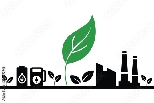 Industrial environmental ecology background with green leaf and renewable energy icons, sustainable industry concept