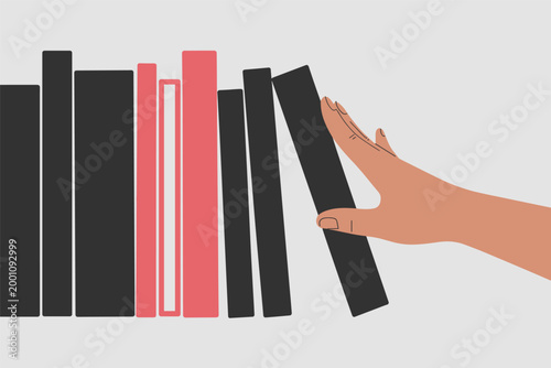 Human hand reaching out to pick a specific book from a library shelf, research concept