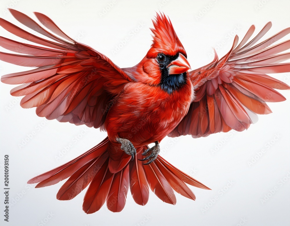 Obraz premium a vibrant red northern cardinal in flight isolated on white background with outstretched wings and distinctive crest