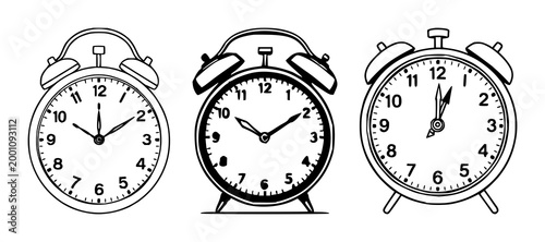 Clock set with black line art on white background featuring retro style, analog face, hour markers with center dial and time indication
