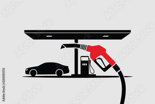 Red fuel nozzle silhouette at gas station with car and fuel pump, energy refueling concept