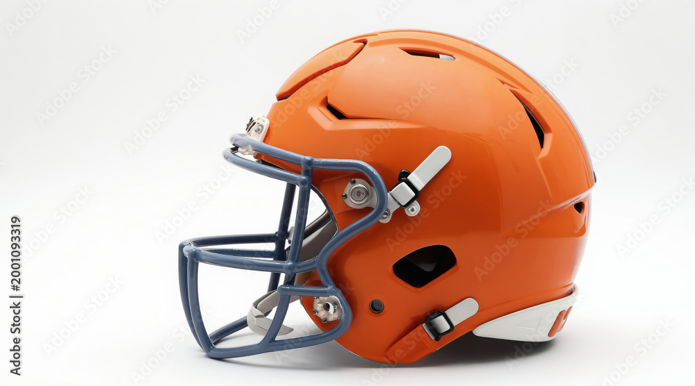 Fototapeta premium Orange football helmet with grey face mask isolated on white background. Protective sports gear for player safety during game. Modern design, team colors.