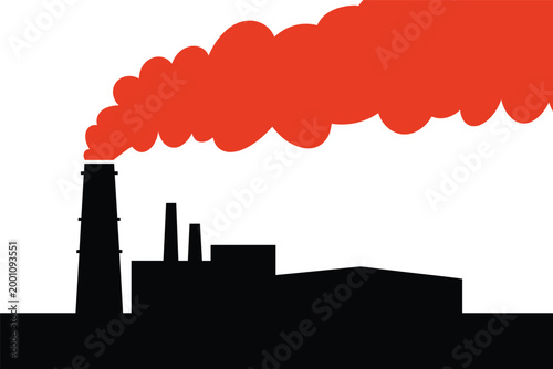 Industrial factory silhouette with large chimney emitting thick red smoke clouds, air pollution concept