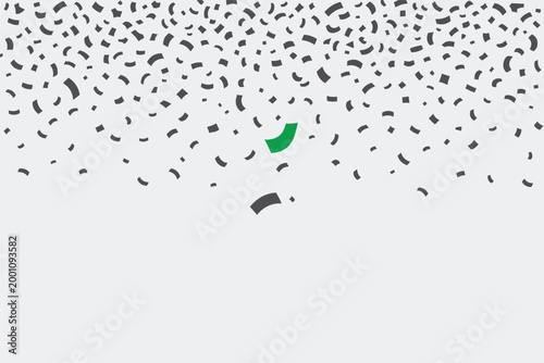 Falling black confetti from top with one single green leaf shape, nature celebration concept