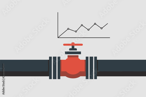 Industrial pipeline with red valve and financial line chart in the background, energy market concept